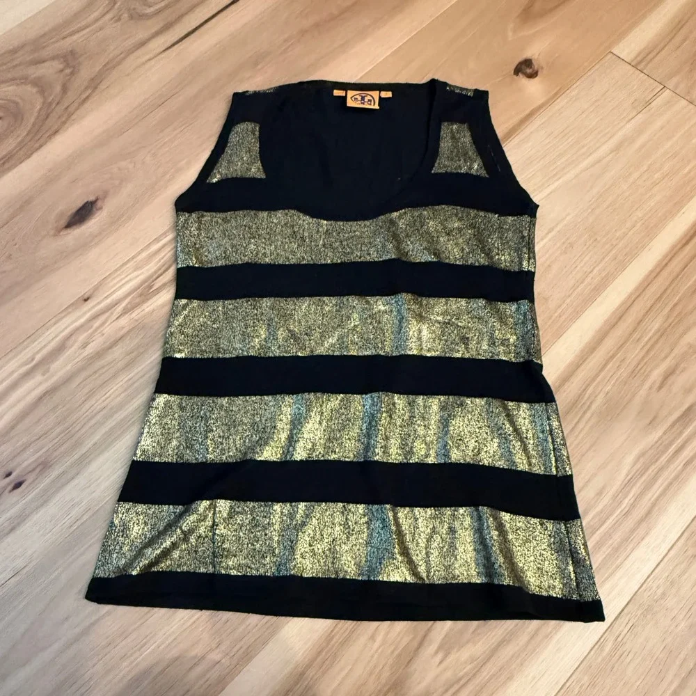 Tory Burch Tank SZ S Gold Black Metallic Striped Scoop Neck Luxury Linen/Viscose